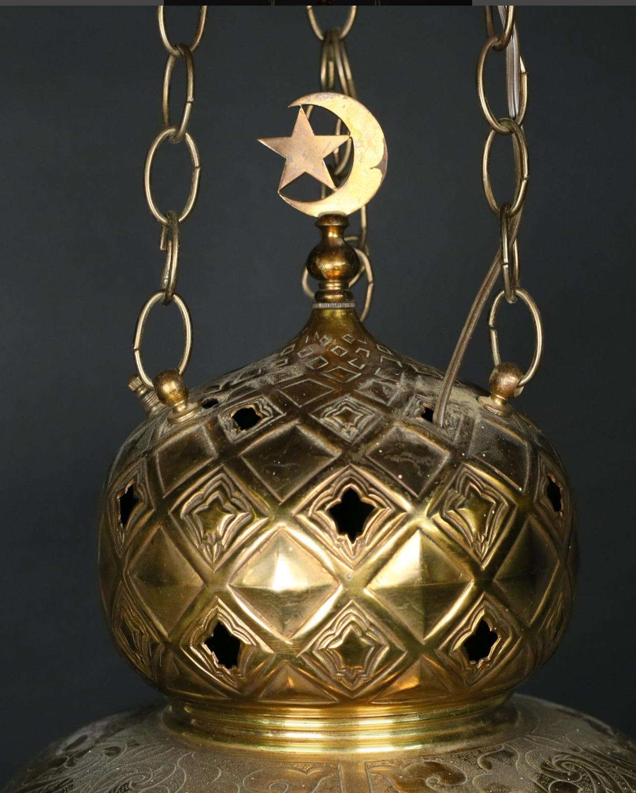 Moorish Jeweled and Etched Brass Moroccan Pendant Light For Sale