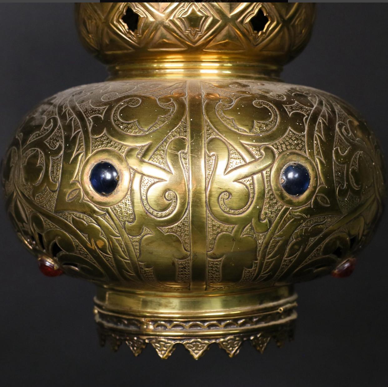Mid-20th Century Jeweled and Etched Brass Moroccan Pendant Light For Sale