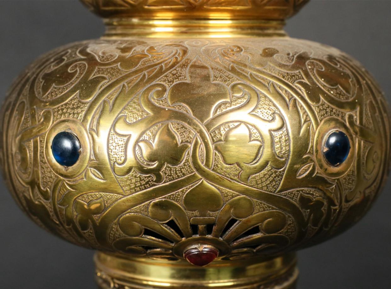 Jeweled and Etched Brass Moroccan Pendant Light For Sale 2