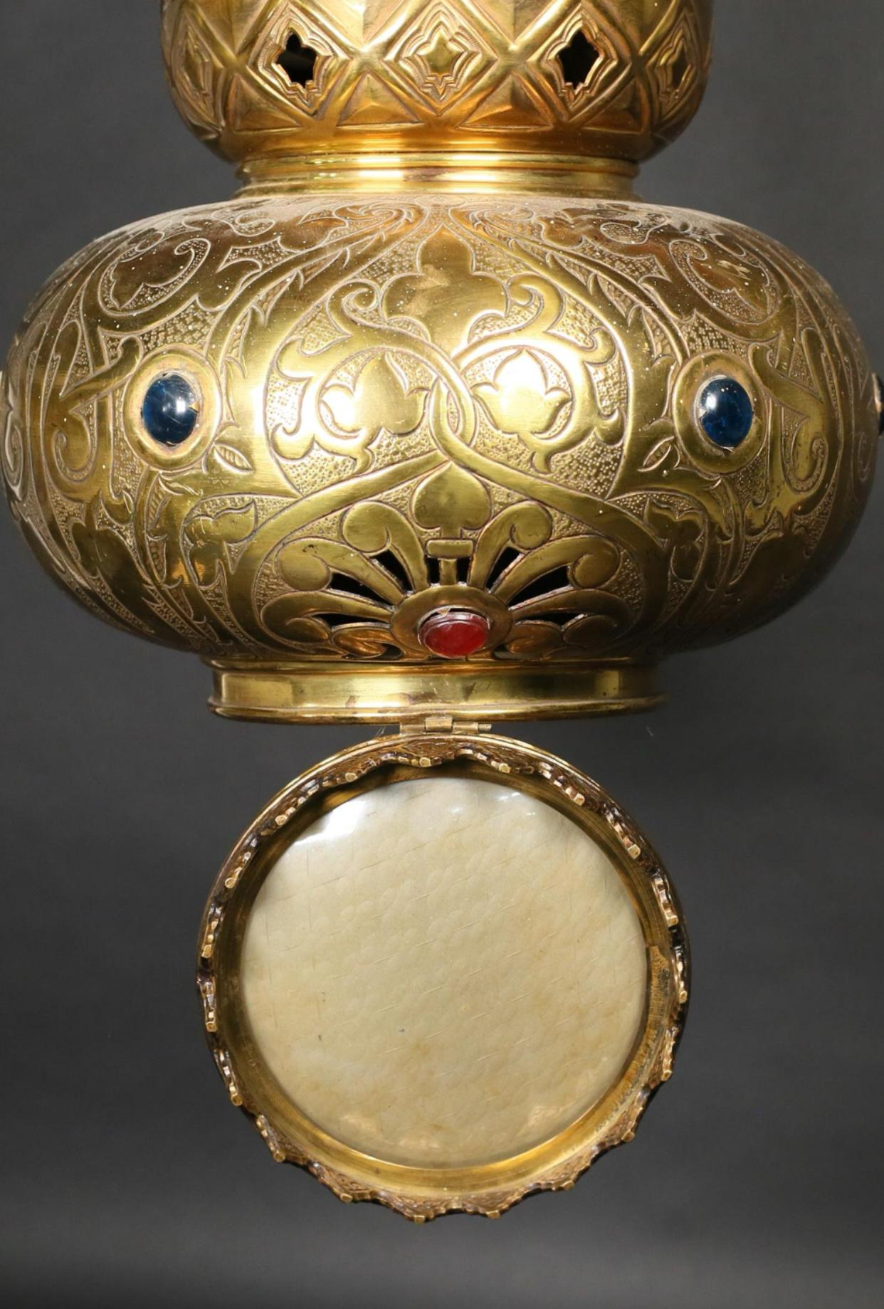 Jeweled and Etched Brass Moroccan Pendant Light For Sale 4
