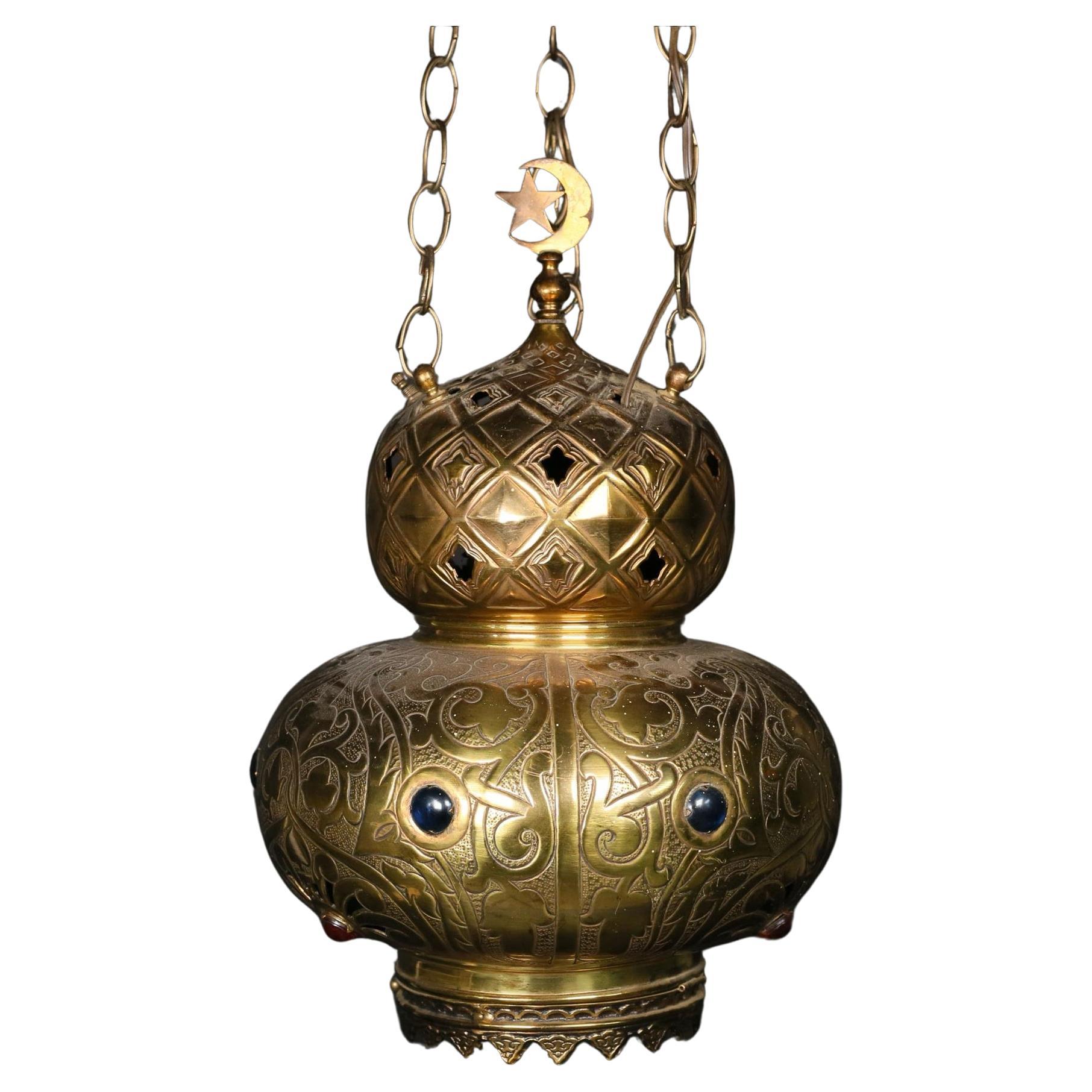 Jeweled and Etched Brass Moroccan Pendant Light For Sale