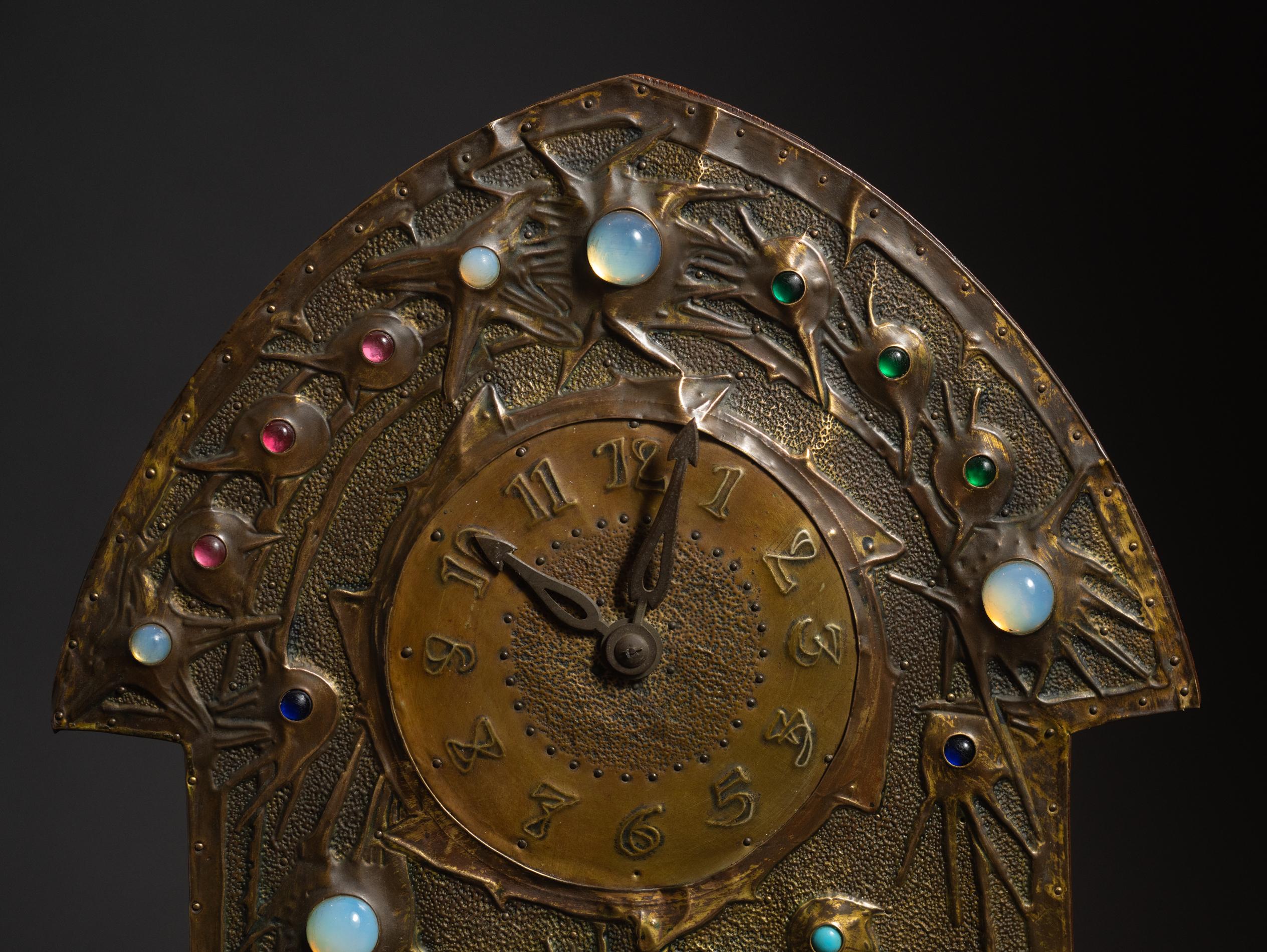 Brass Jeweled Art Nouveau Repoussé Clock by Alfred Daguet, with Original Mechanisim For Sale