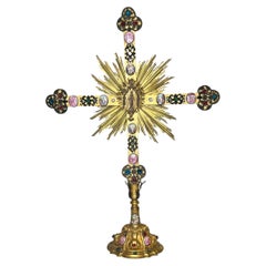 Jeweled Bronze Altar Cross with Painted Enamel Medallions