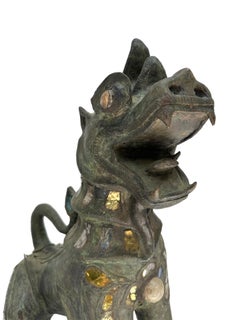Jeweled Burmese Bronze Chinthe Guardian Lion Foo Dogs
