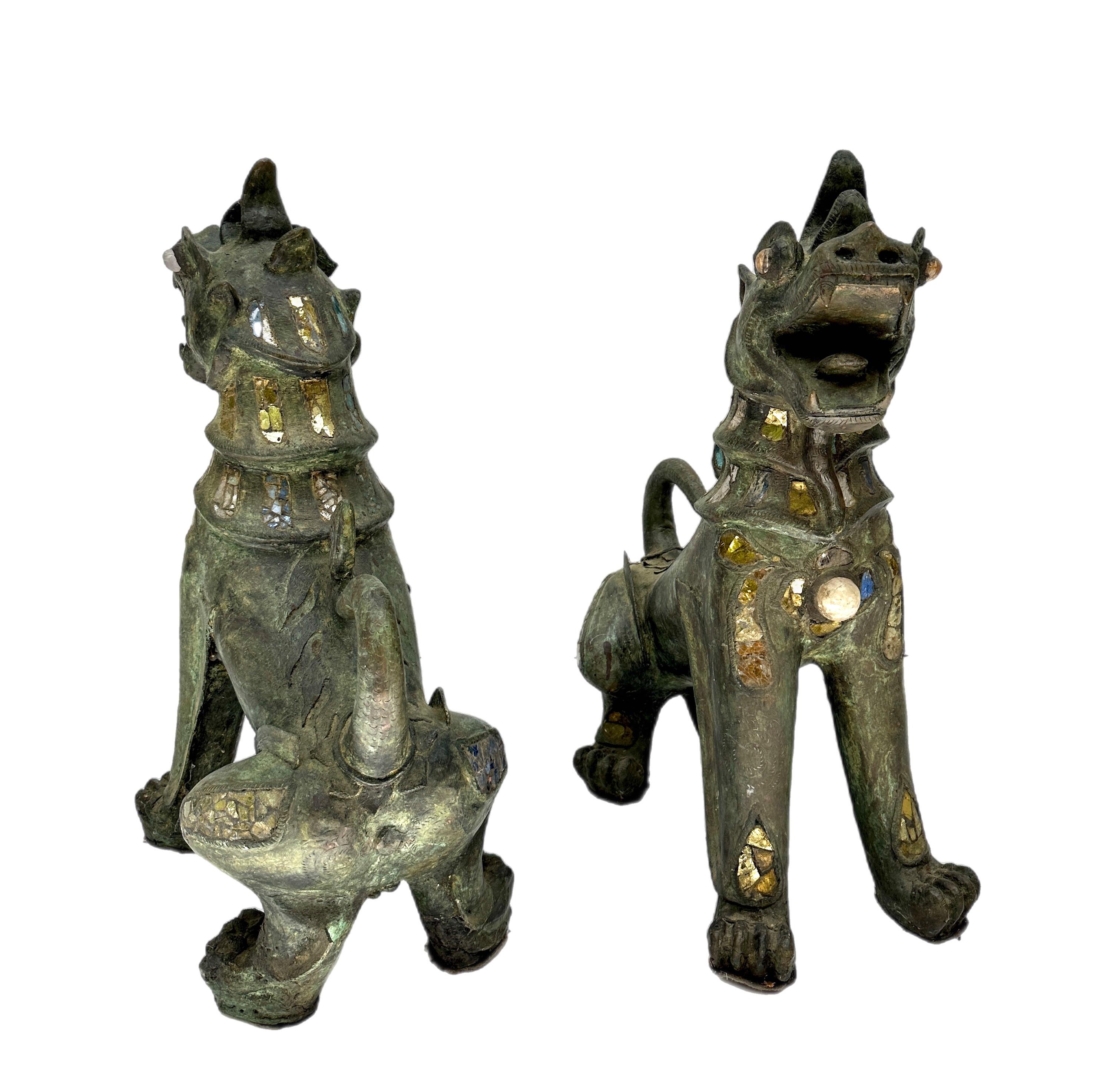 Southeast Asian Jeweled Burmese Bronze Chinthe Guardian Lion Foo Dogs For Sale