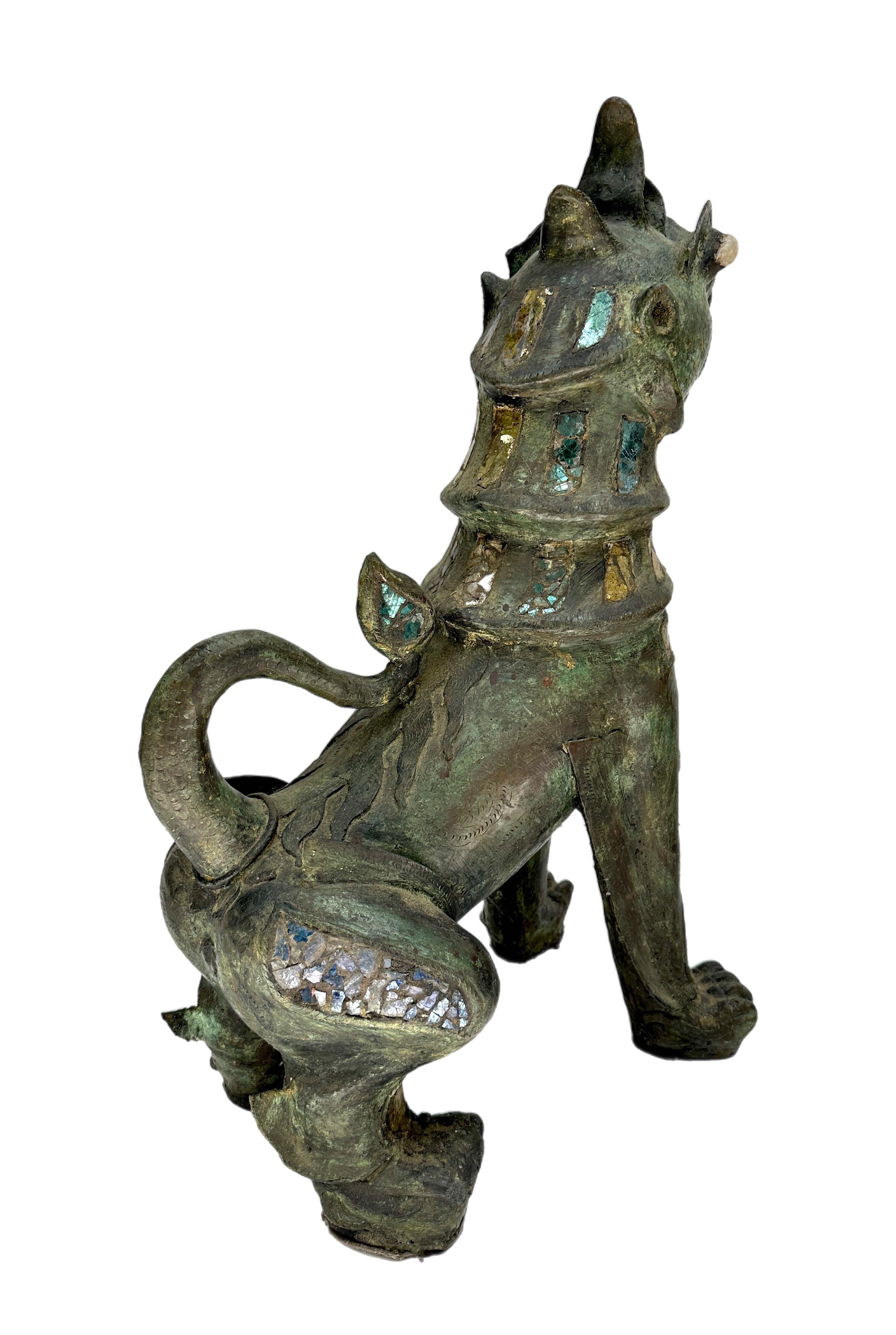 Inlay Jeweled Burmese Bronze Chinthe Guardian Lion Foo Dogs For Sale
