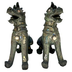 Antique Jeweled Burmese Bronze Chinthe Guardian Lion Foo Dogs
