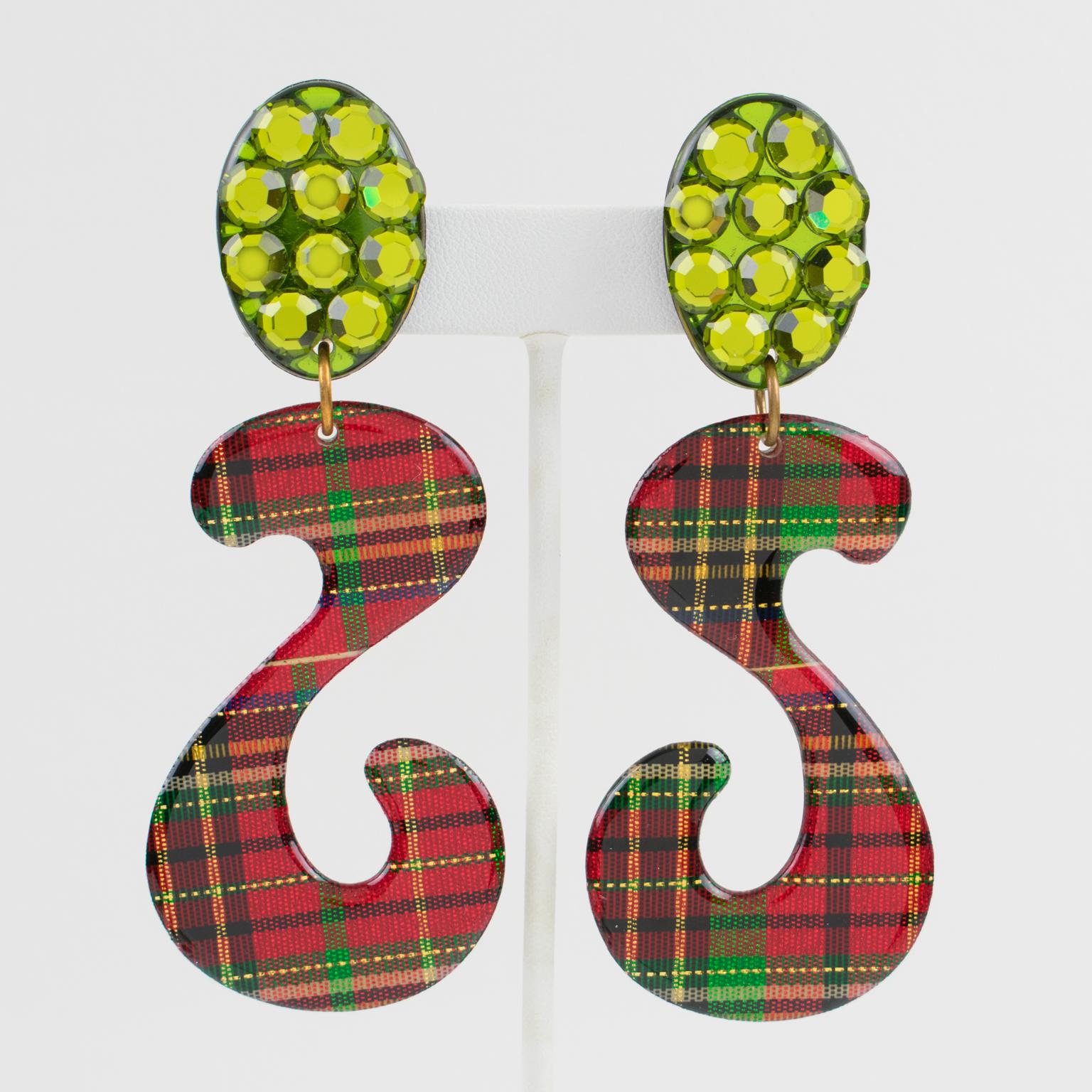 Jeweled Clip-on Earrings with Scottish Tartan Pattern For Sale 1