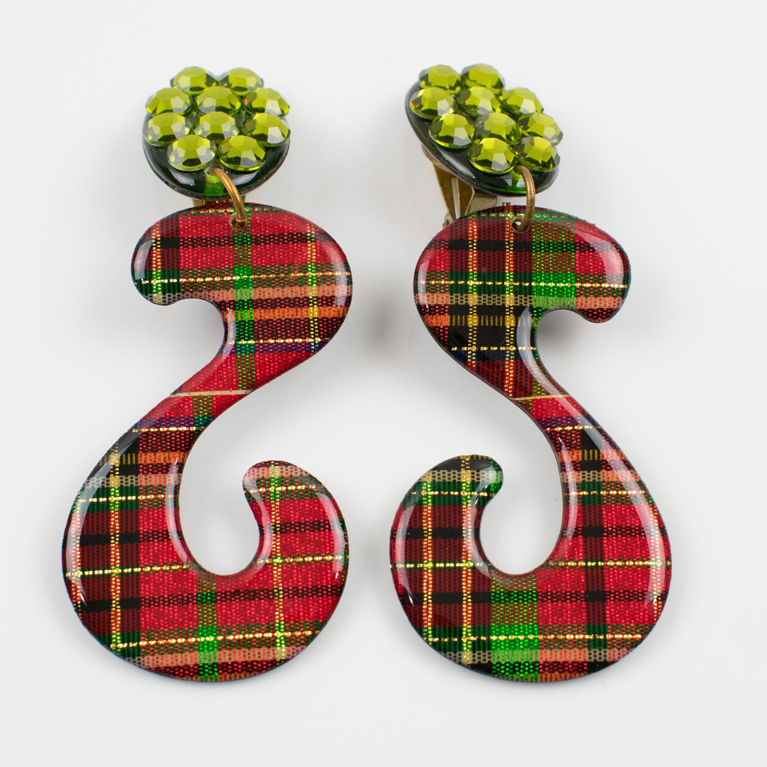 Modern Jeweled Dangle Lucite Clip Earrings with Red and Green Plaid Pattern For Sale