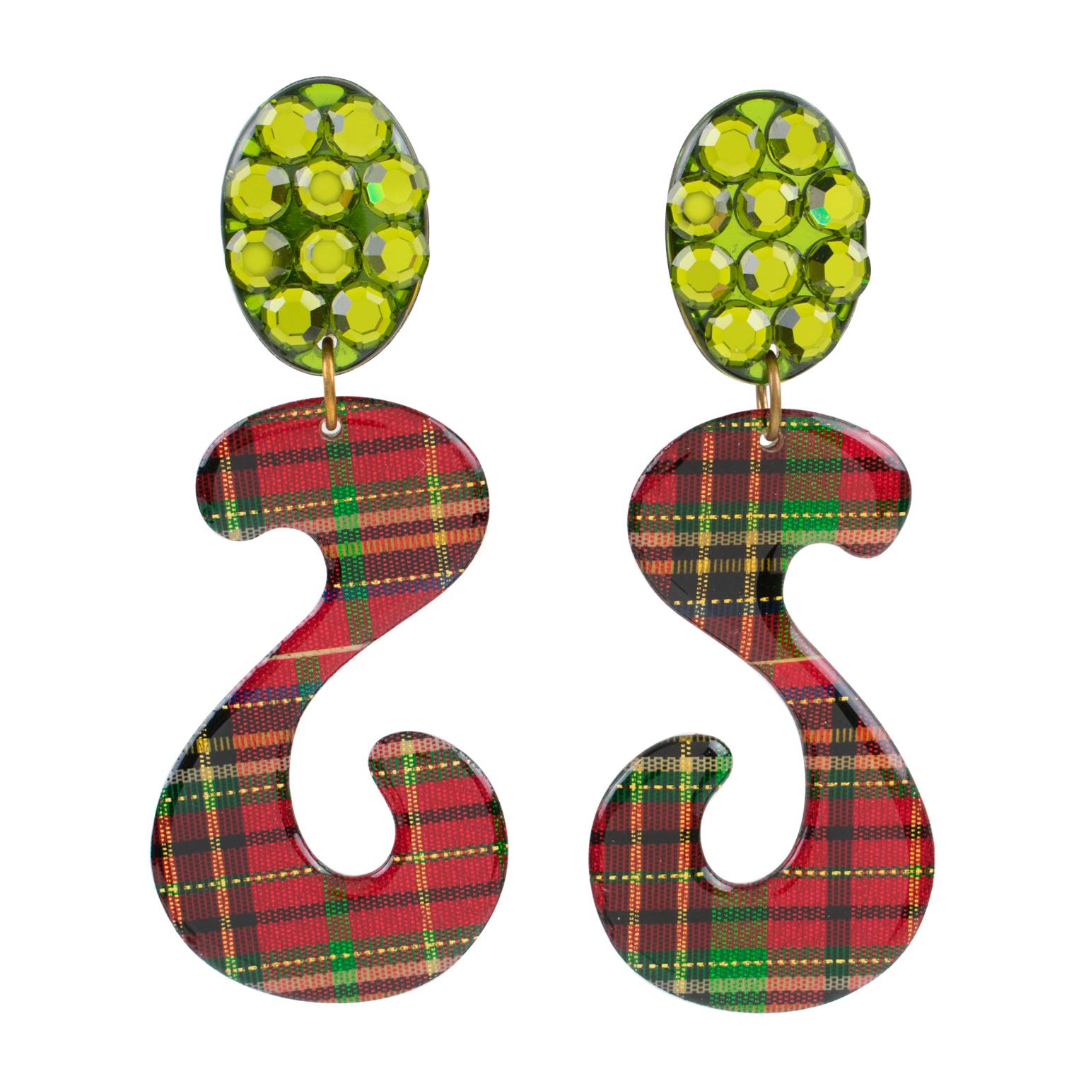 Jeweled Dangle Lucite Clip Earrings with Red and Green Plaid Pattern