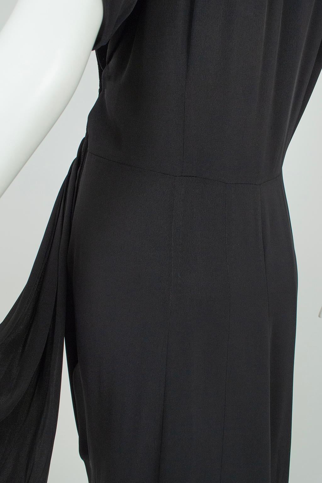 Jewell Deco Schwarzer Samt und Georgette Drapierung Schulter Cocktailkleid - L, 1940er Jahre im Angebot 7