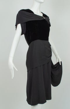 Jeweled Deco Black Velvet and Georgette Drape Shoulder Cocktail Dress – L, 1940s