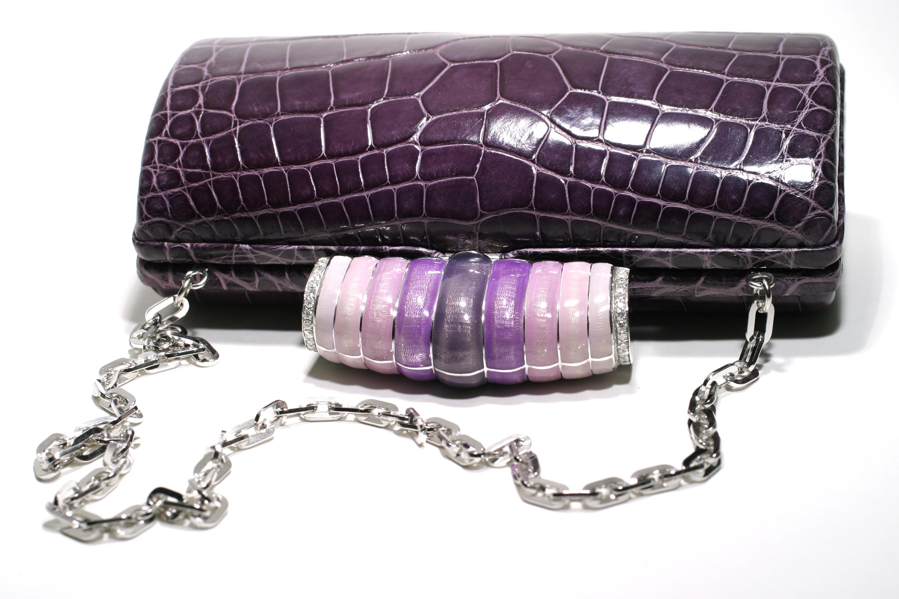 Contemporary Jeweled Diamond and Enamel Exotic Purple Exotic Skin Silver Minaudière