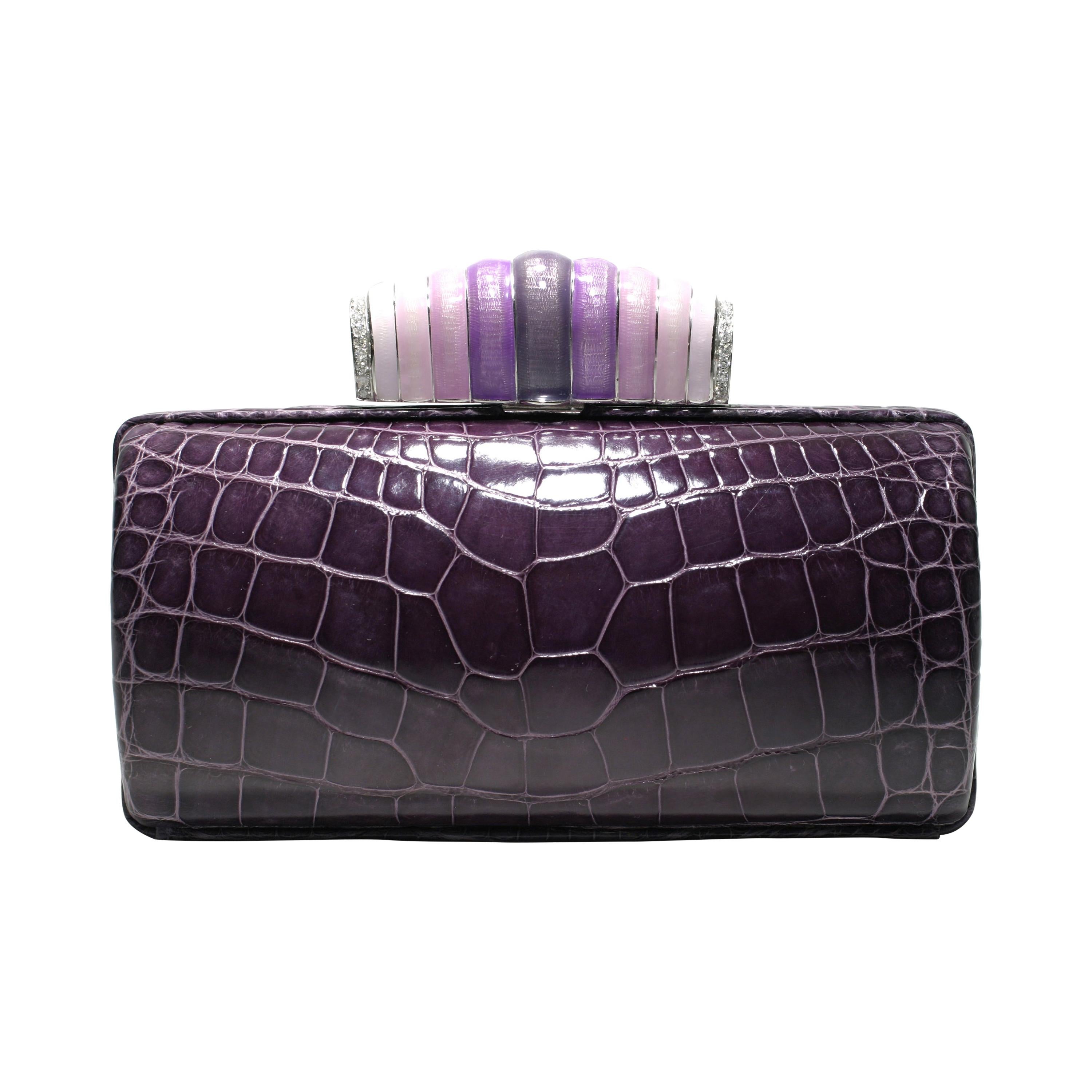 Jeweled Diamond and Enamel Exotic Purple Exotic Skin Silver Minaudière