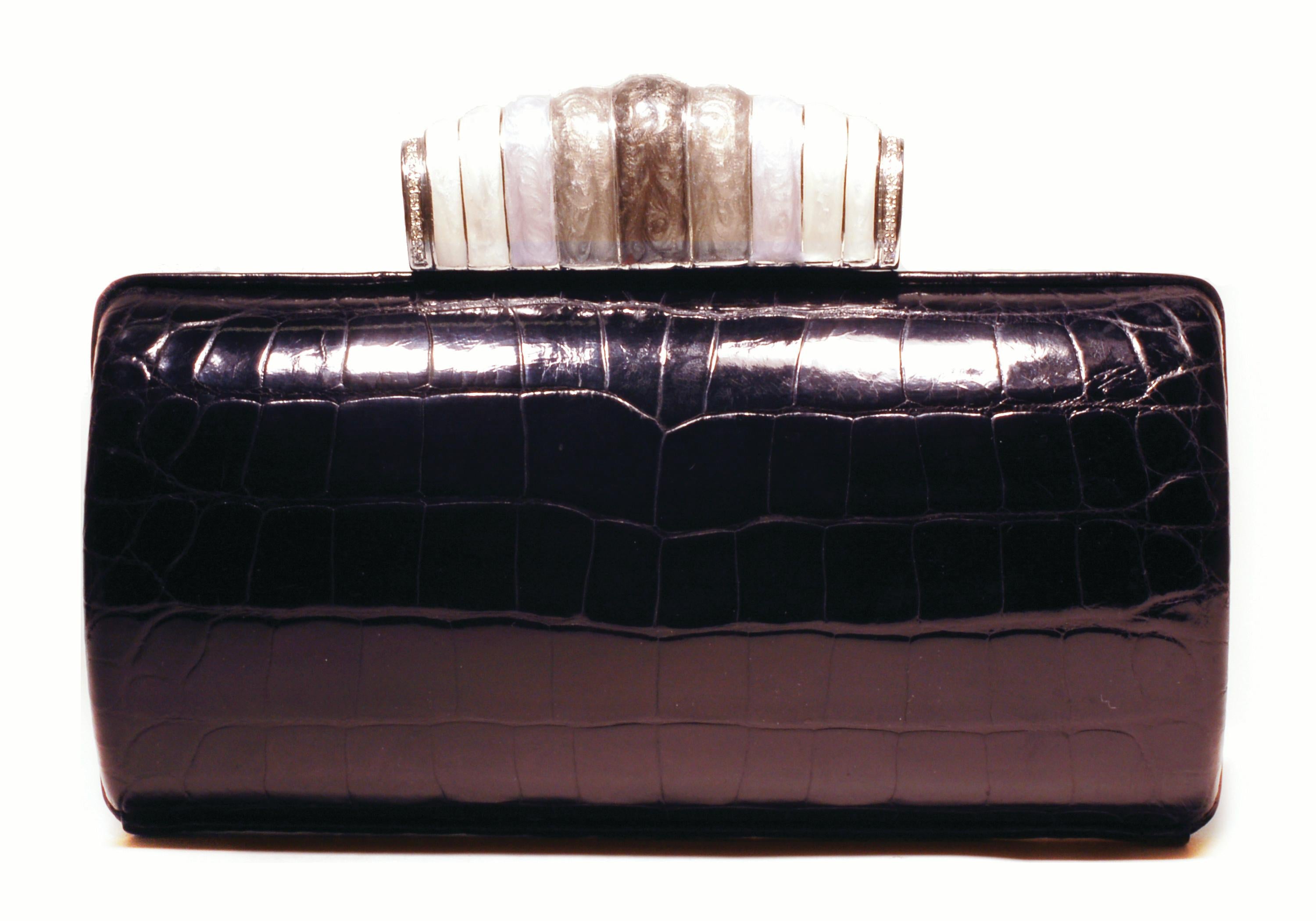 Contemporary Jeweled Diamond and Enamel Silver Clasp Black Alligator Exotic Skin Minaudière