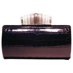 Jeweled Diamond and Enamel Silver Clasp Black Alligator Exotic Skin Minaudière