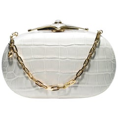 Jeweled Diamond and Enamel Silver Clasp White Alligator Exotic Skin Minaudière