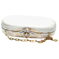 Jeweled Diamond and Enamel Silver Clasp White Alligator Exotic Skin Minaudière