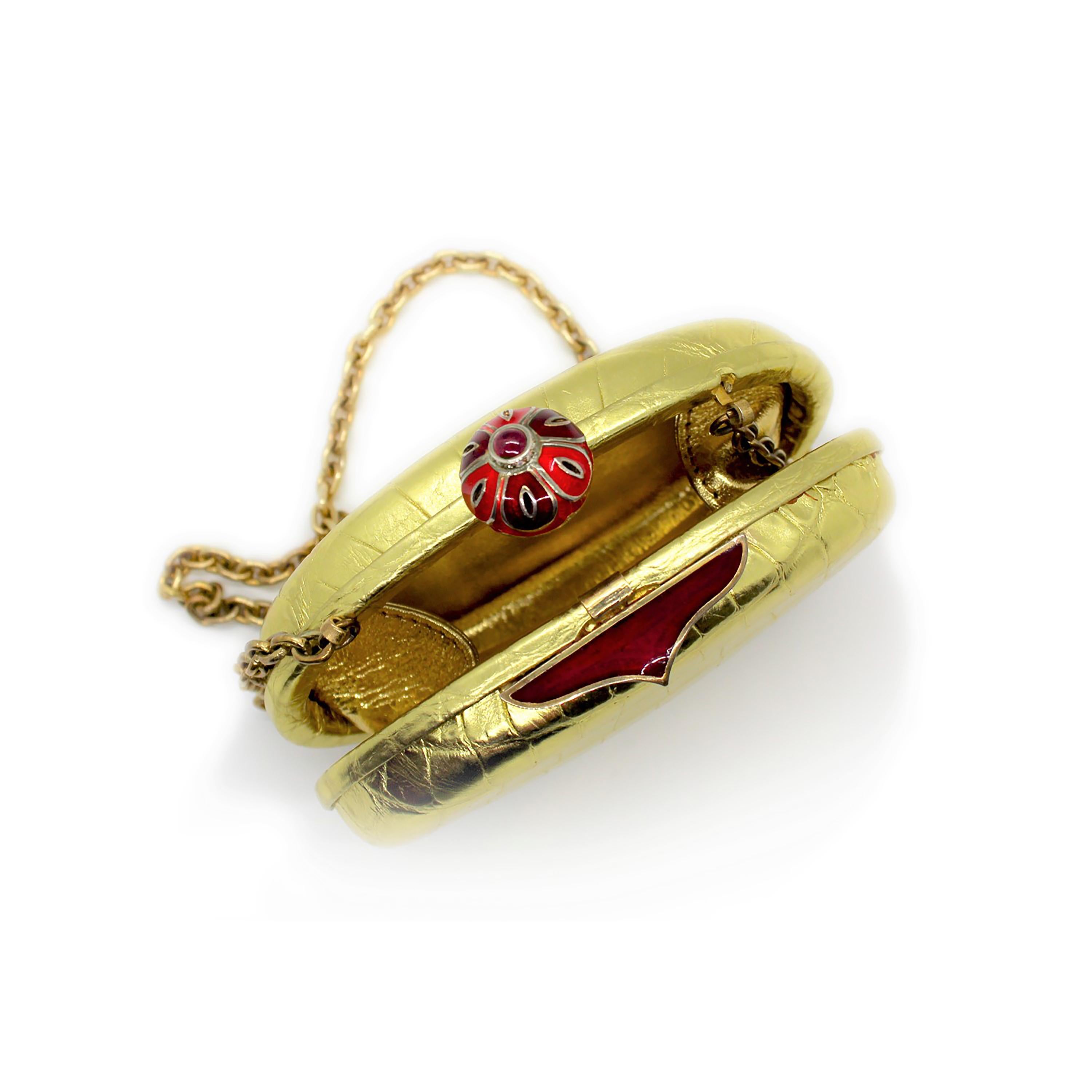 Contemporary Jeweled Diamond Cabochon Ruby and Enamel Gold Exotic Skin Silver Minaudière