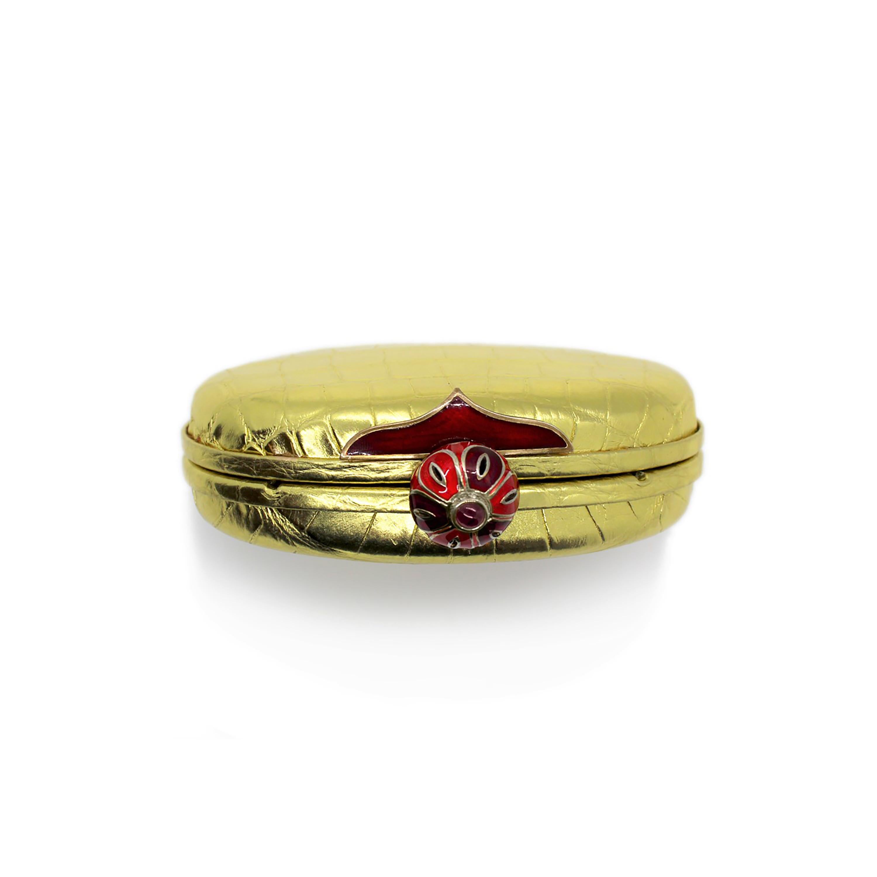Round Cut Jeweled Diamond Cabochon Ruby and Enamel Gold Exotic Skin Silver Minaudière