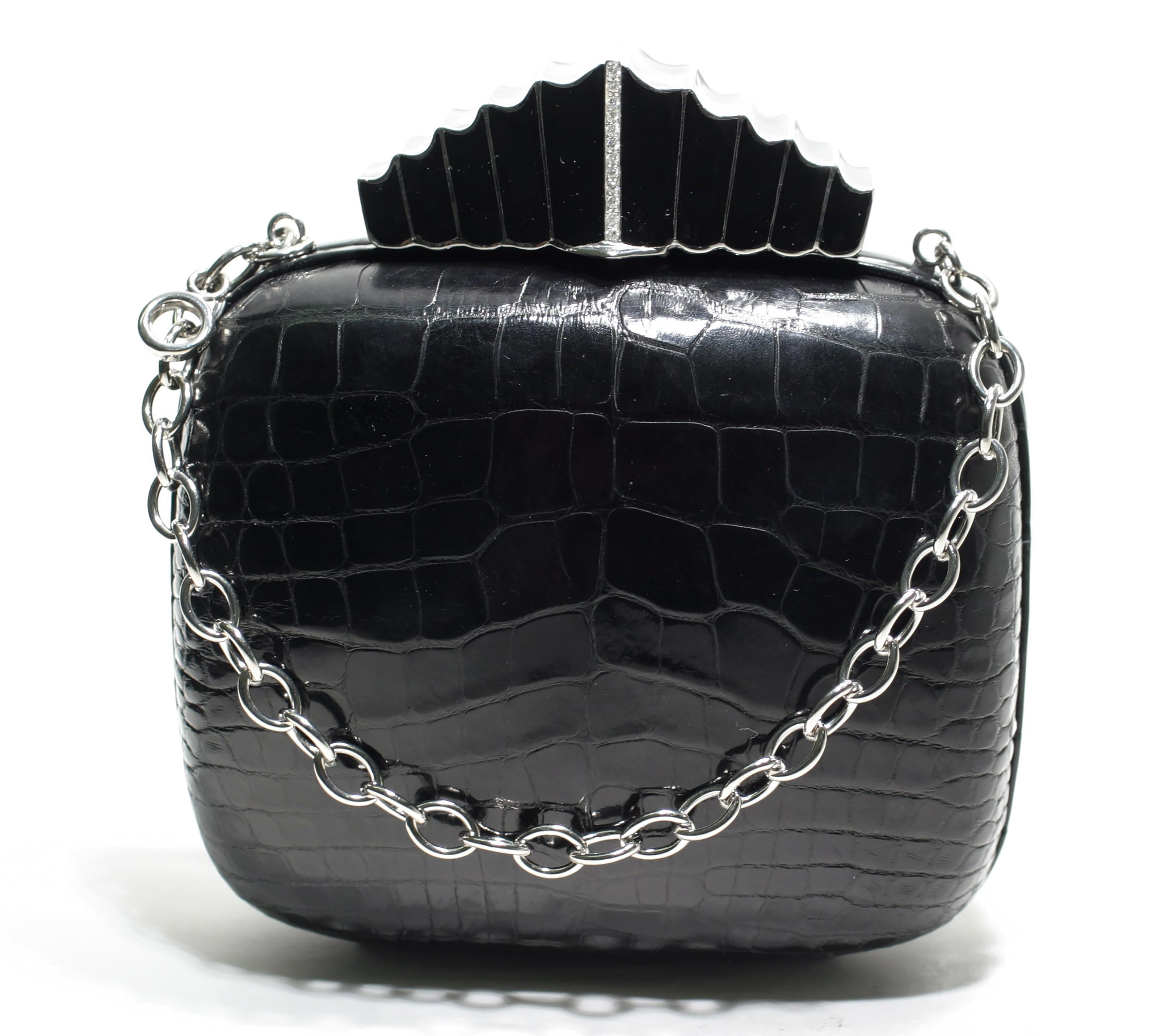 Women's or Men's Jeweled Diamond Silver Black Enamel Clasp Black Alligator Skin Minaudière