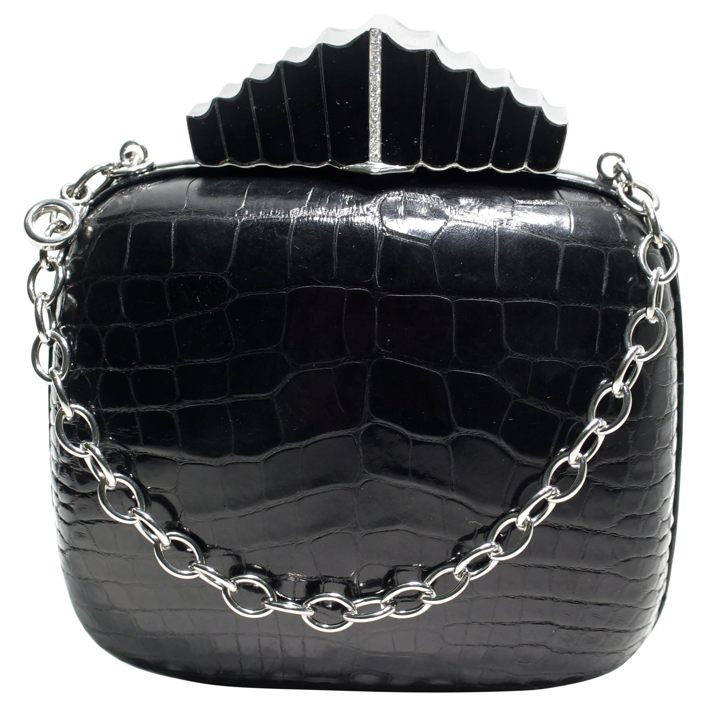 Jeweled Diamond Silver Black Enamel Clasp Black Alligator Skin Minaudière