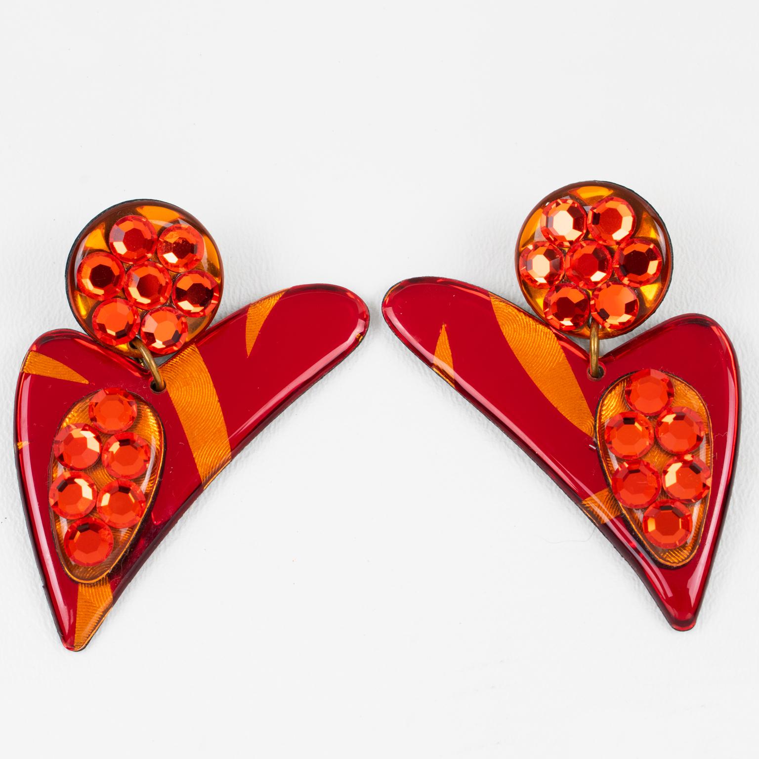 Jeweled Earrings Flame Red and Orange For Sale 2