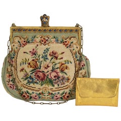 Antique Edwardian Jeweled Pale Green Trinity Plate Needlepoint Minaudière Handbag, 1900s