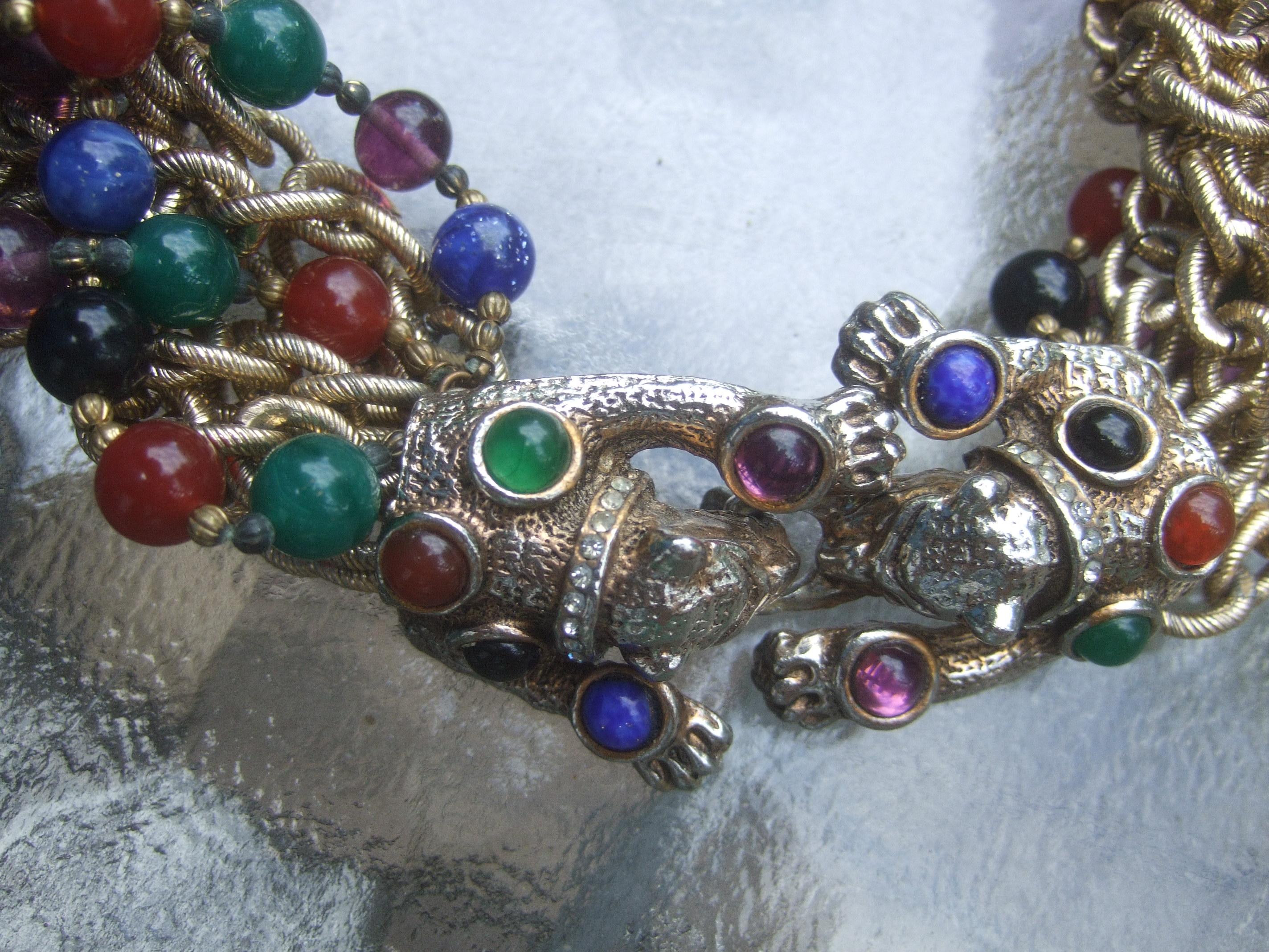 Jeweled Feline Clasp Gilt Metal Choker Chain Necklace c 1980s For Sale 6