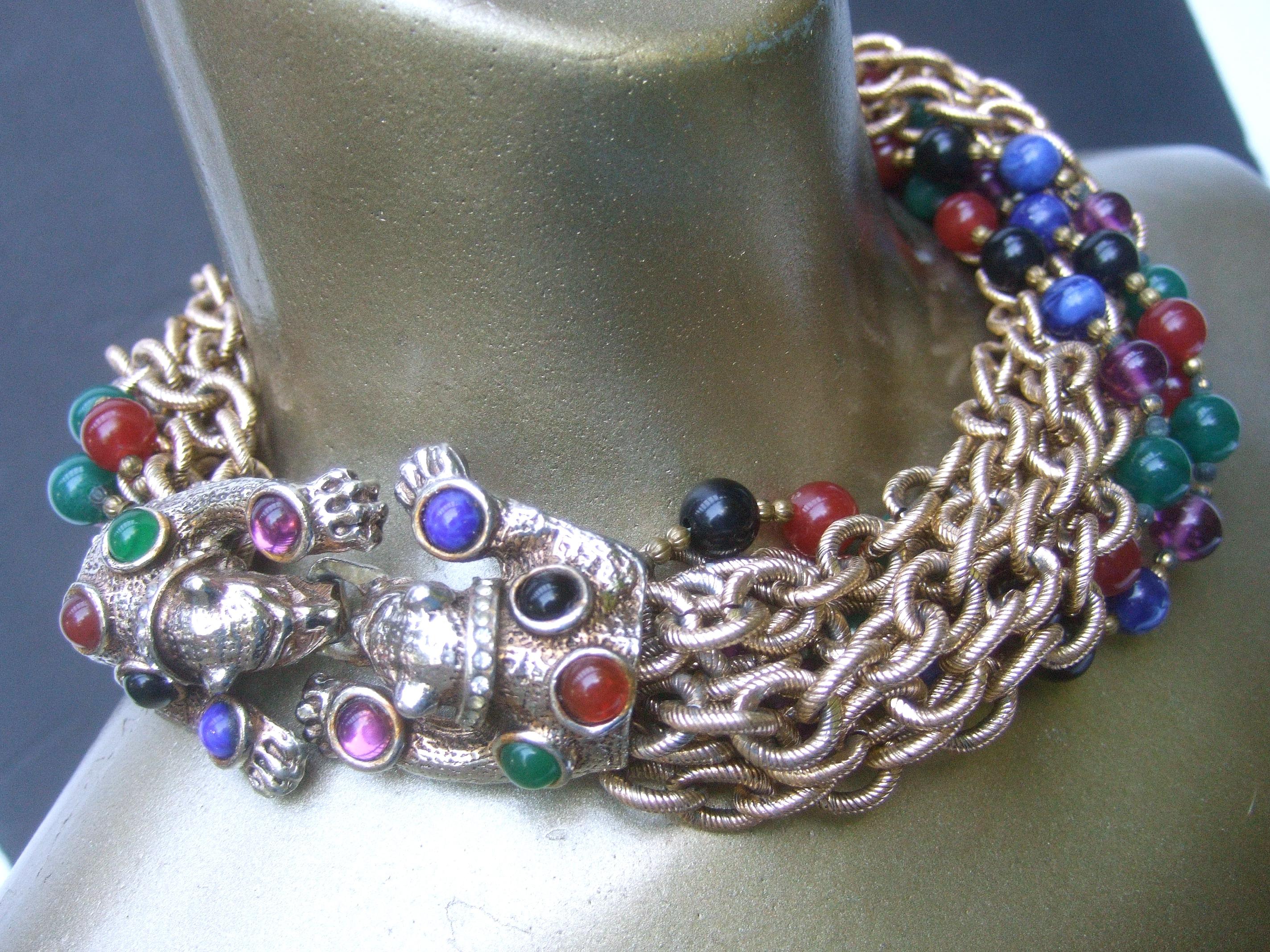 Jeweled Feline Clasp Gilt Metal Choker Chain Necklace c 1980s For Sale 7