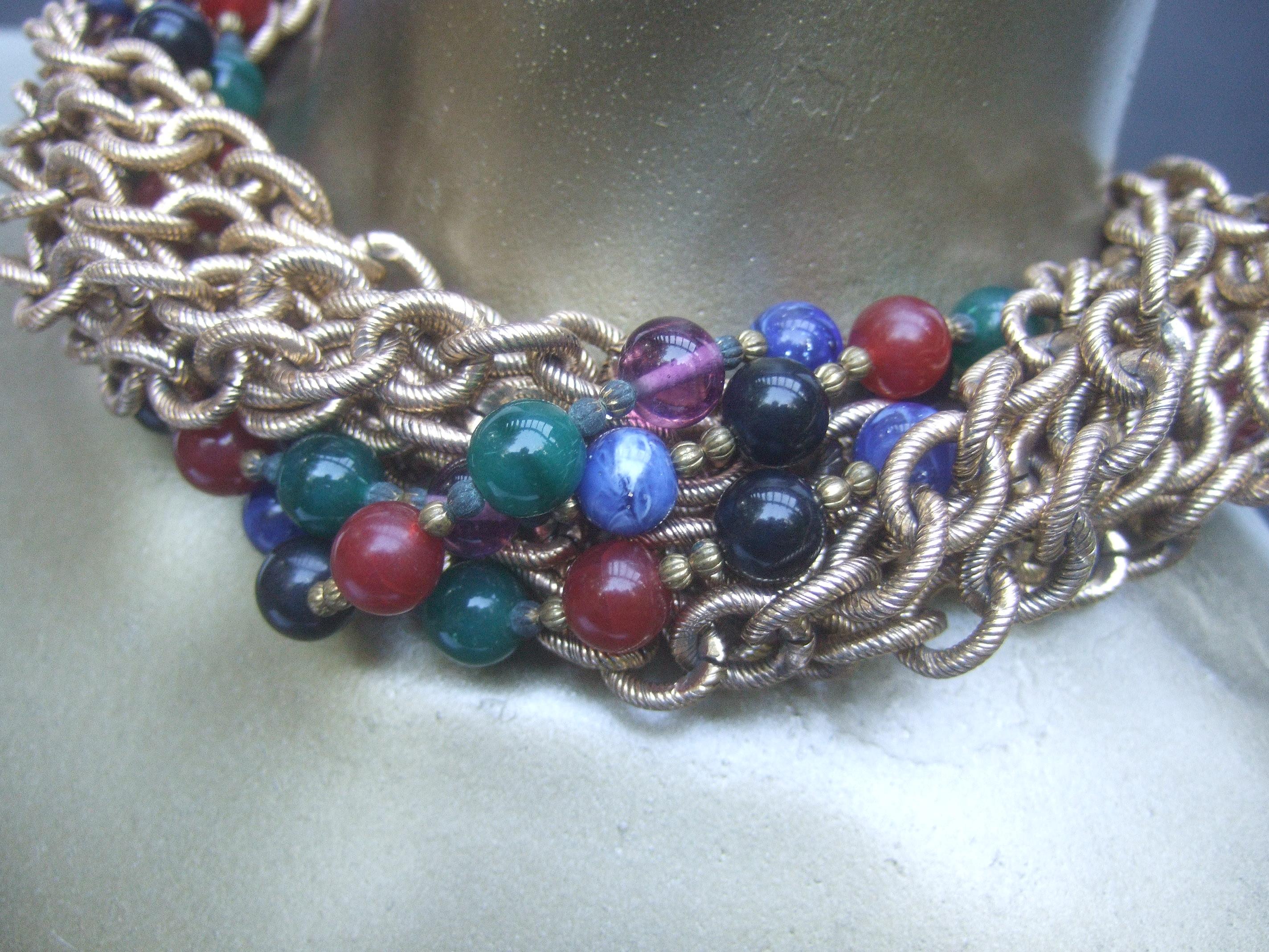 Jeweled Feline Clasp Gilt Metal Choker Chain Necklace c 1980s For Sale 8