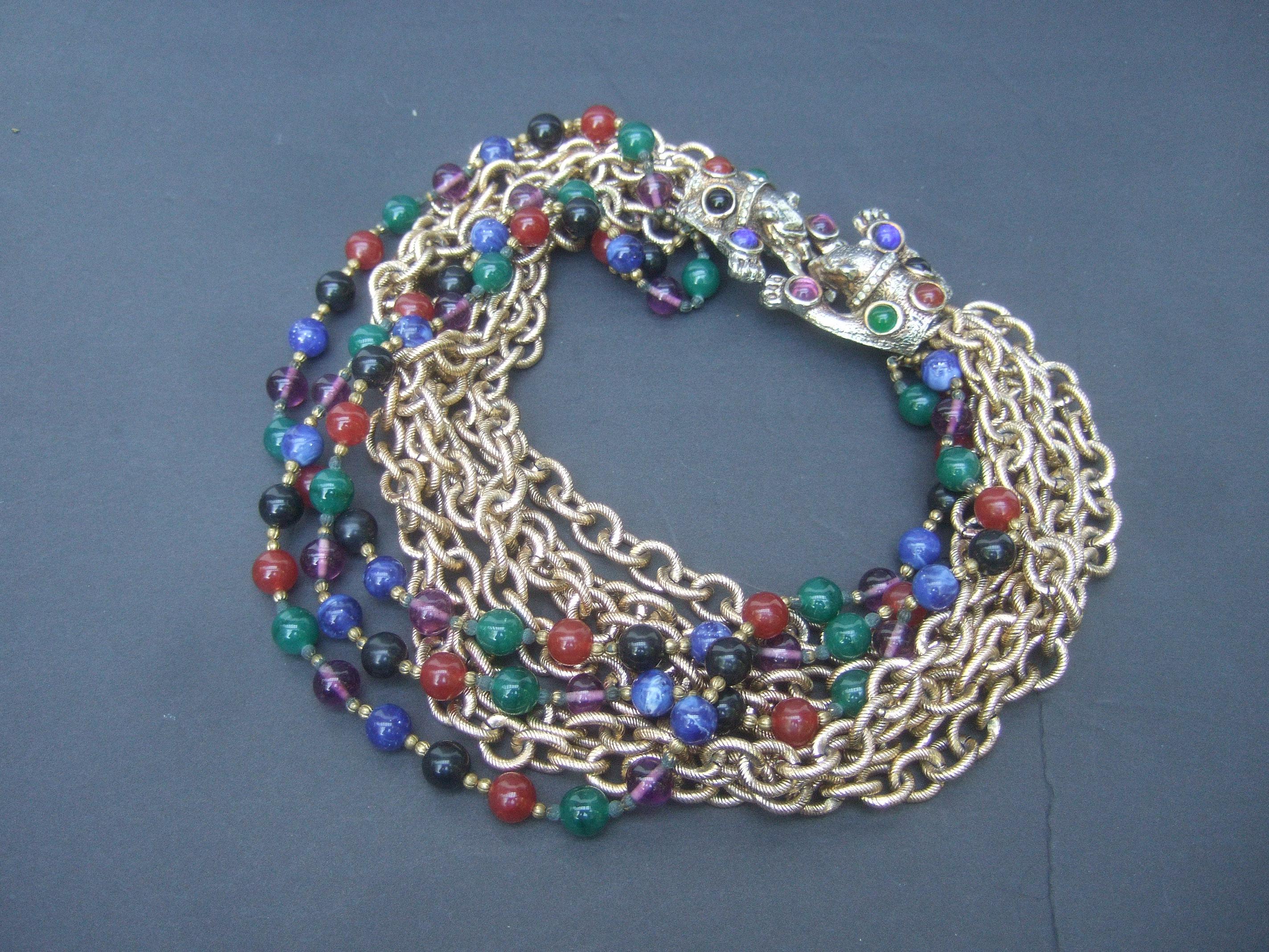 Jeweled Feline Clasp Gilt Metal Choker Chain Necklace c 1980s For Sale 11