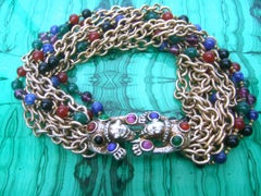 Jeweled Feline Clasp Gilt Metal Choker Chain Necklace c 1980s