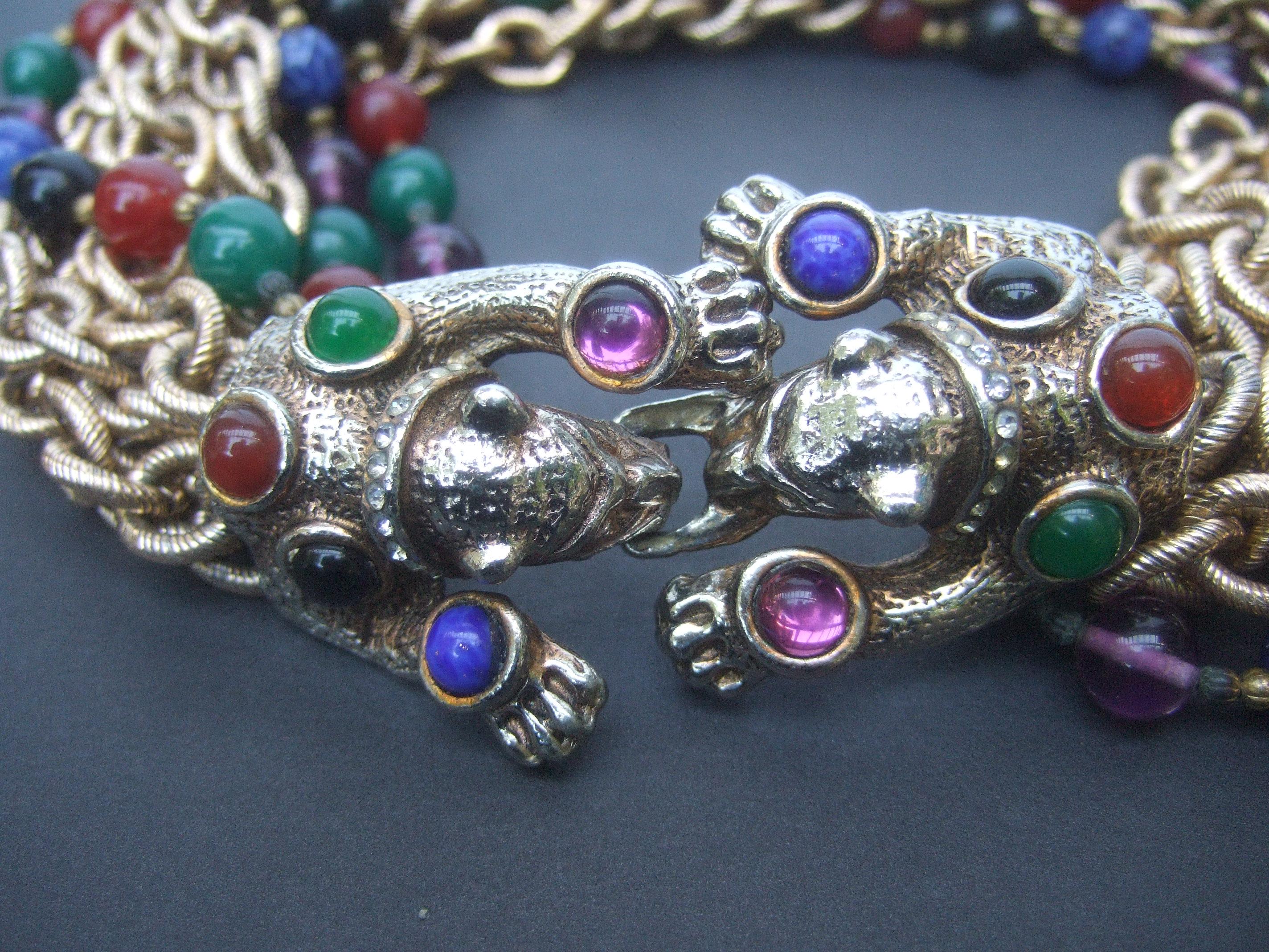 Modern Jeweled Feline Clasp Gilt Metal Choker Chain Necklace c 1980s For Sale