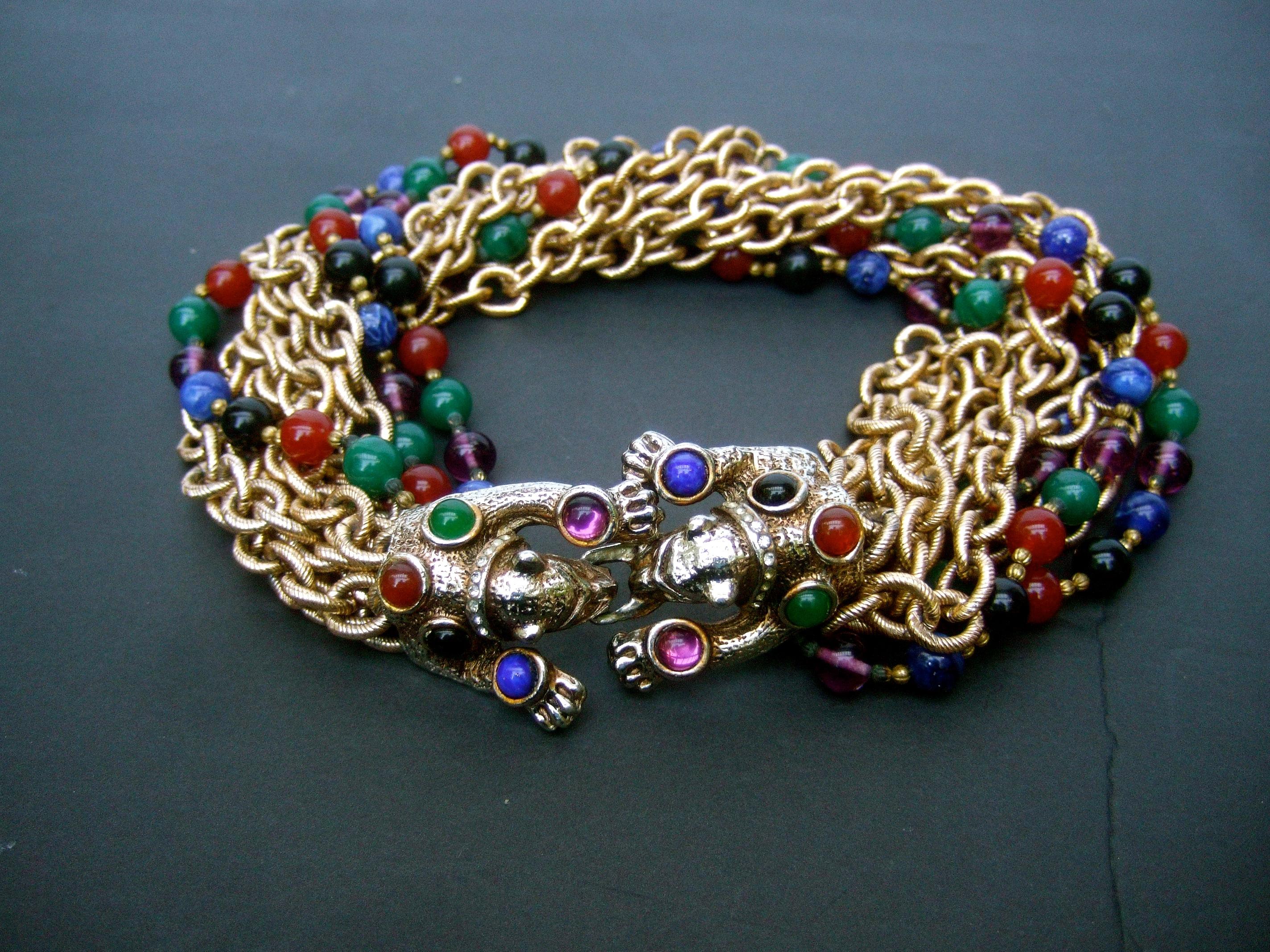 Women's Jeweled Feline Clasp Gilt Metal Choker Chain Necklace c 1980s For Sale