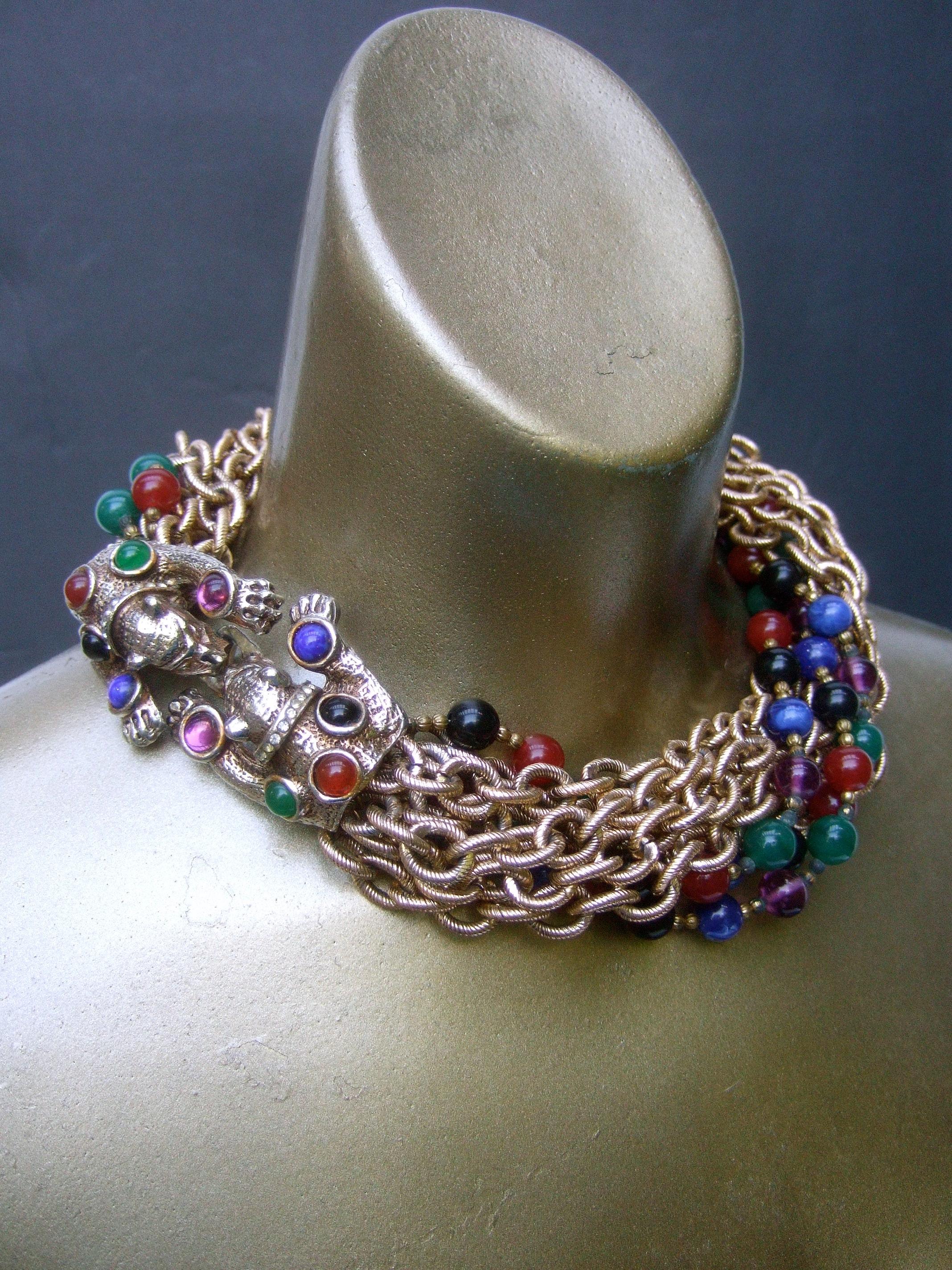 Jeweled Feline Clasp Gilt Metal Choker Chain Necklace c 1980s For Sale 2