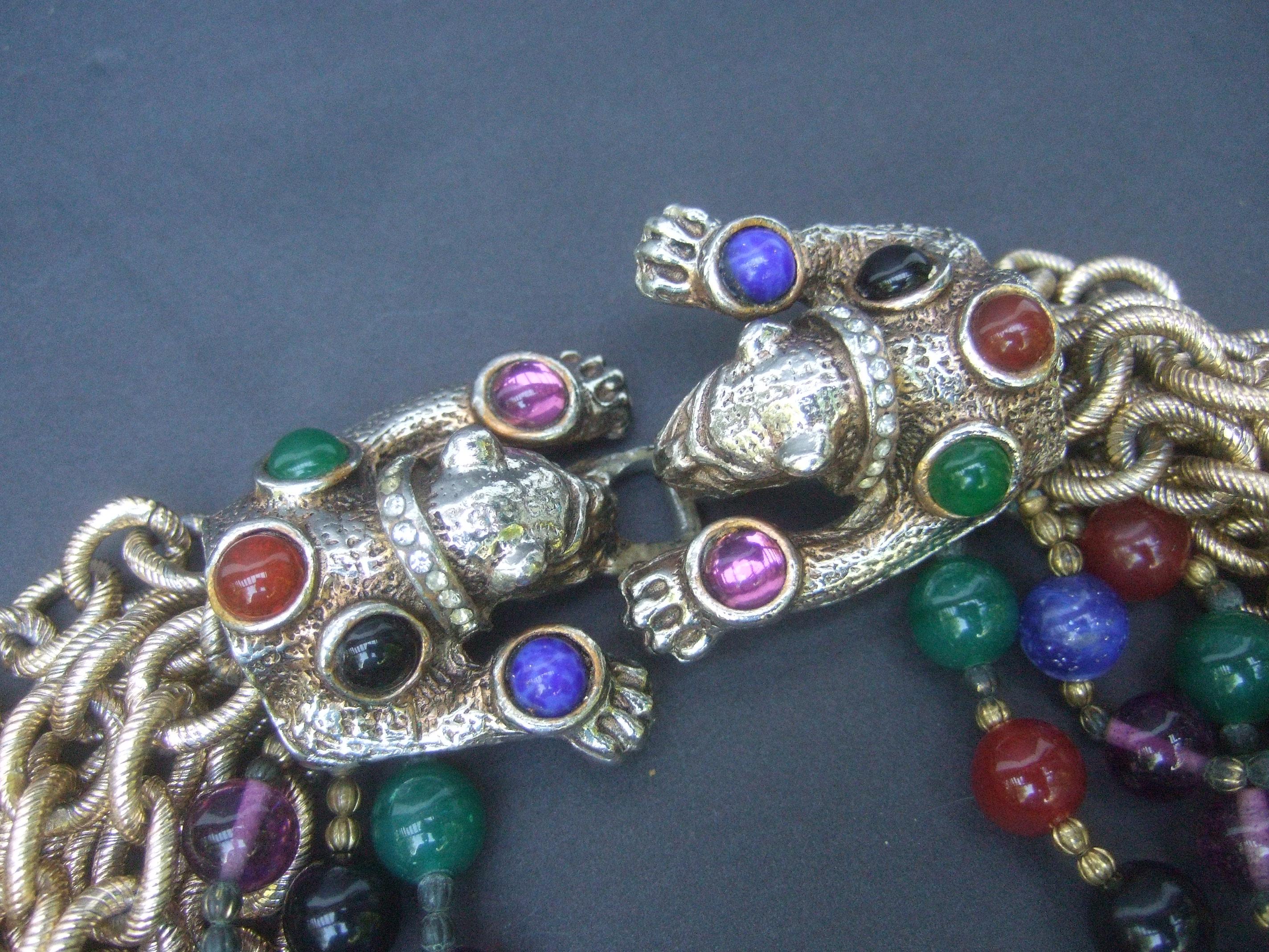 Jeweled Feline Clasp Gilt Metal Choker Chain Necklace c 1980s For Sale 3