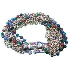 Jeweled Feline Clasp Gilt Metal Choker Chain Necklace c 1980s