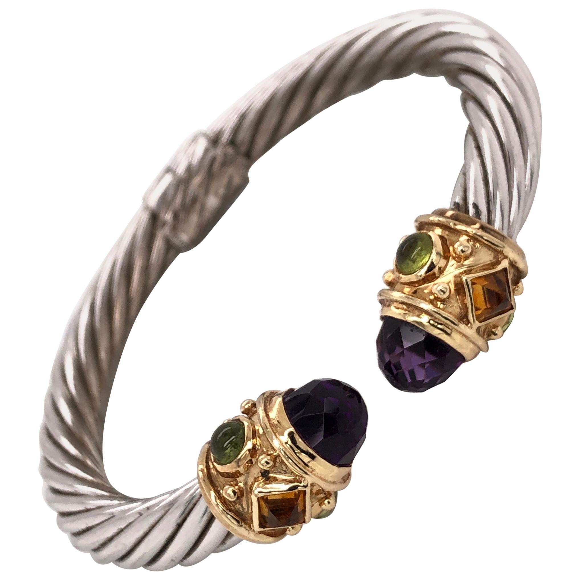 Jeweled Gold and Sterling Silver Bangle Cuff Bracelet Estate Fine