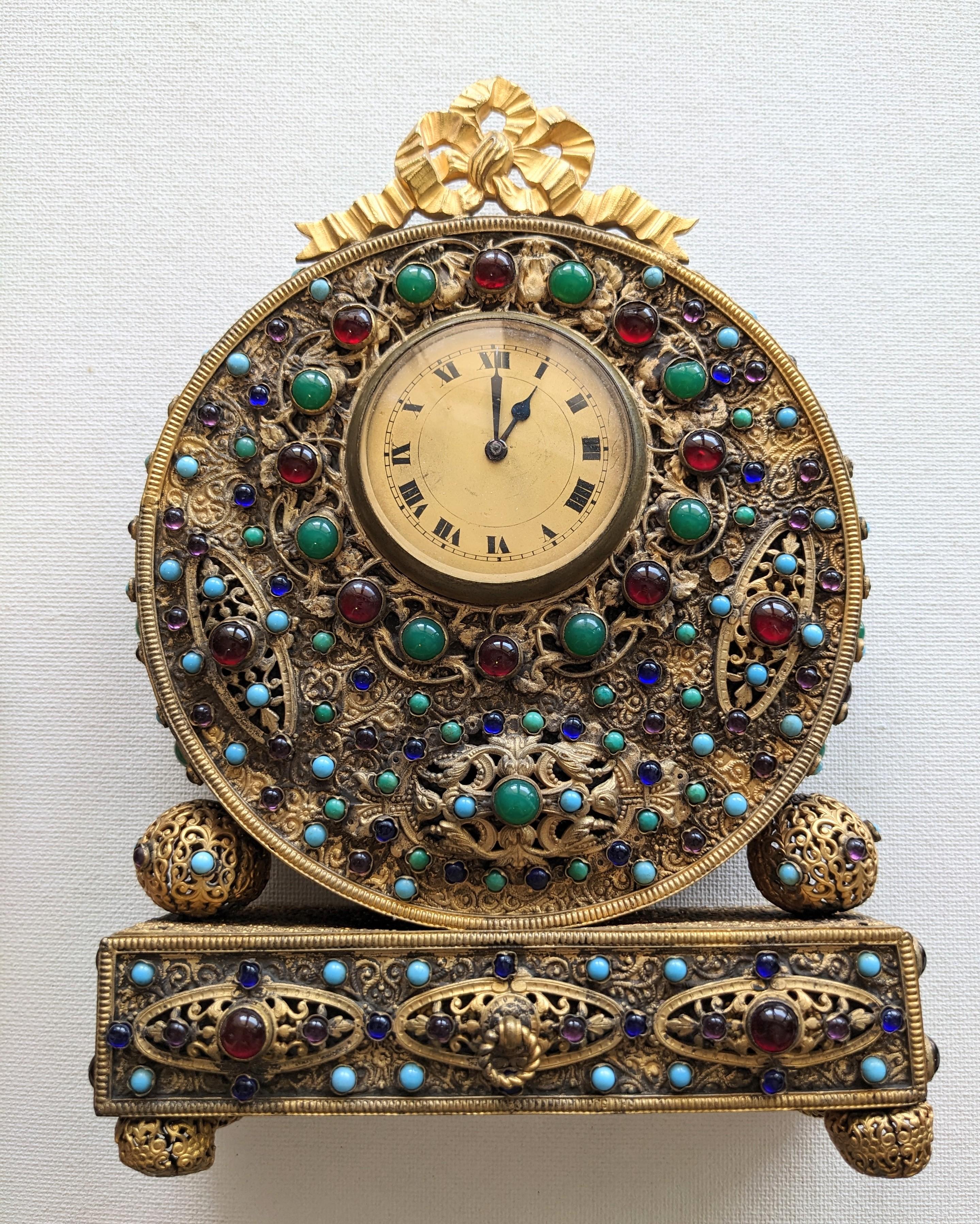 Jeweled Gold Filigree Czech Vanity Clock 1