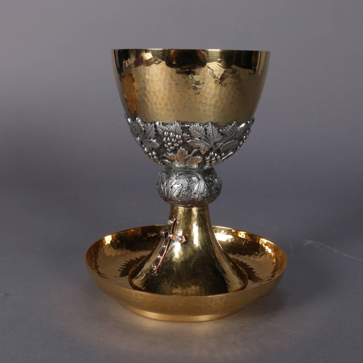 Jeweled Hand-Hammered Brass Communion Chalice with Cross, Made in Spain 4