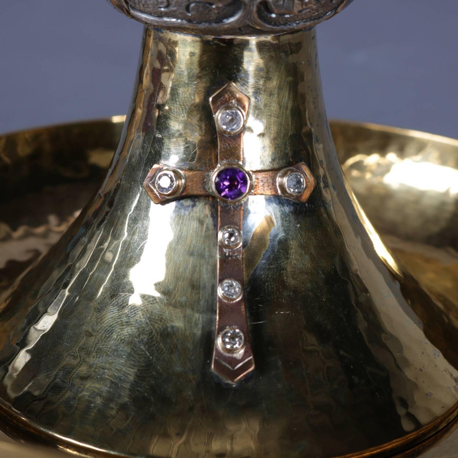 Spanish Jeweled Hand-Hammered Brass Communion Chalice with Cross, Made in Spain