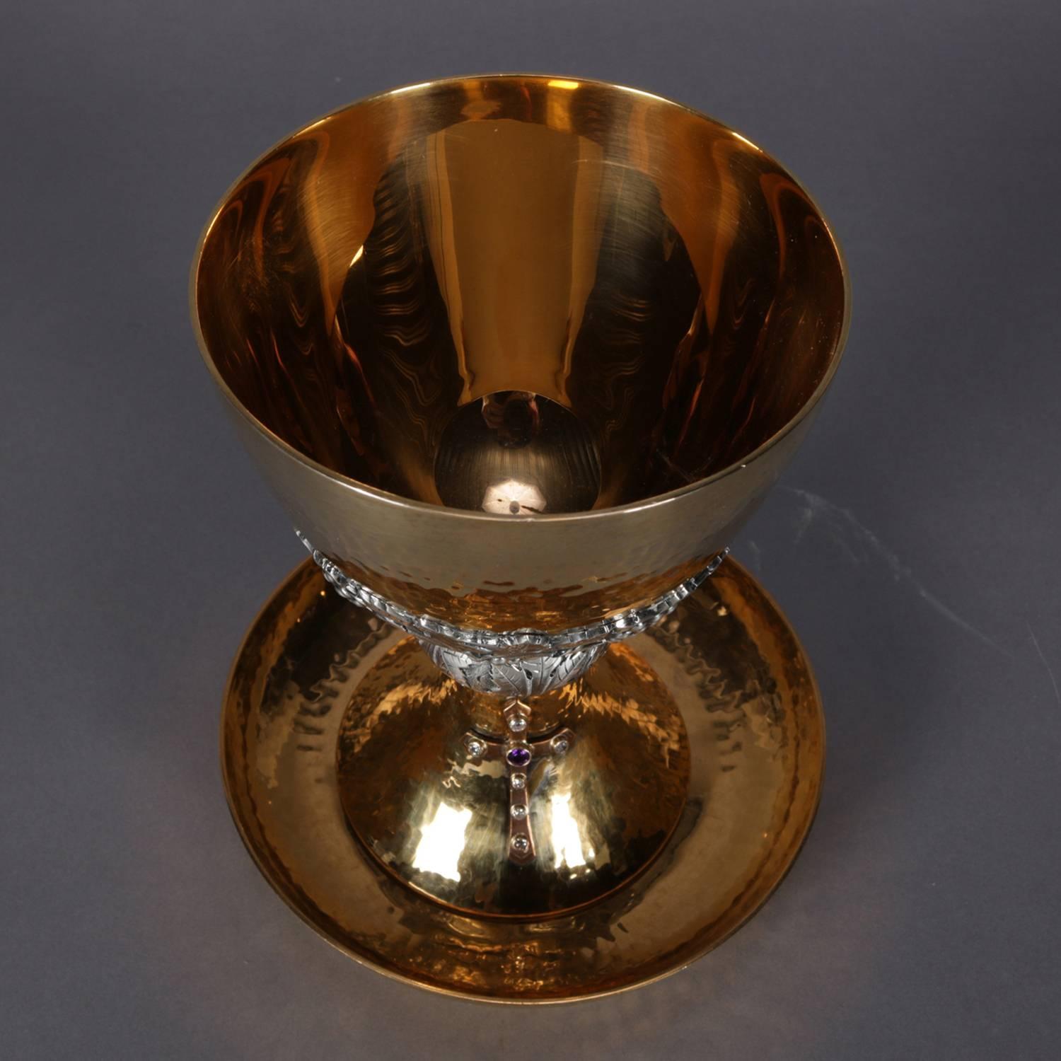 Hand-Crafted Jeweled Hand-Hammered Brass Communion Chalice with Cross, Made in Spain