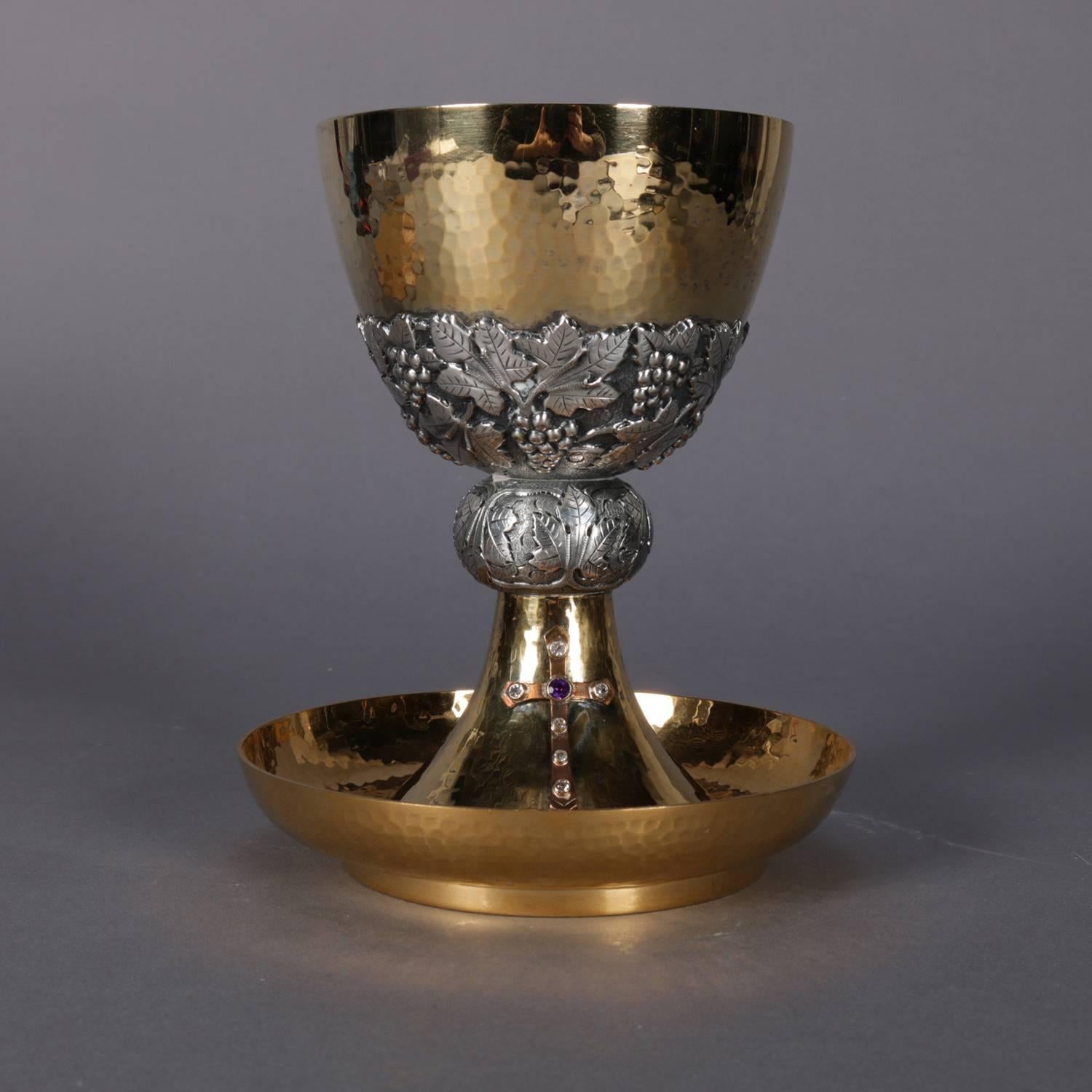 20th Century Jeweled Hand-Hammered Brass Communion Chalice with Cross, Made in Spain