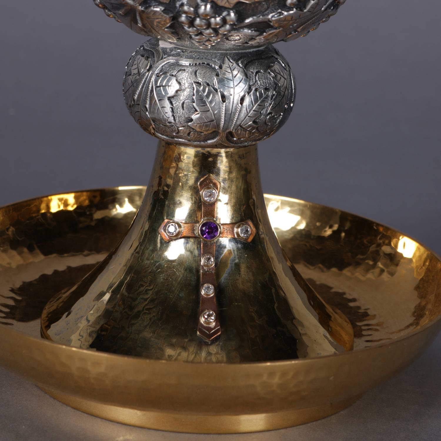 Jeweled Hand-Hammered Brass Communion Chalice with Cross, Made in Spain 1