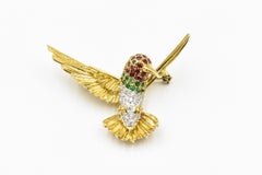 Jeweled Hummingbird Bird Brooch Yellow Gold with Diamonds Rubies and Emeralds