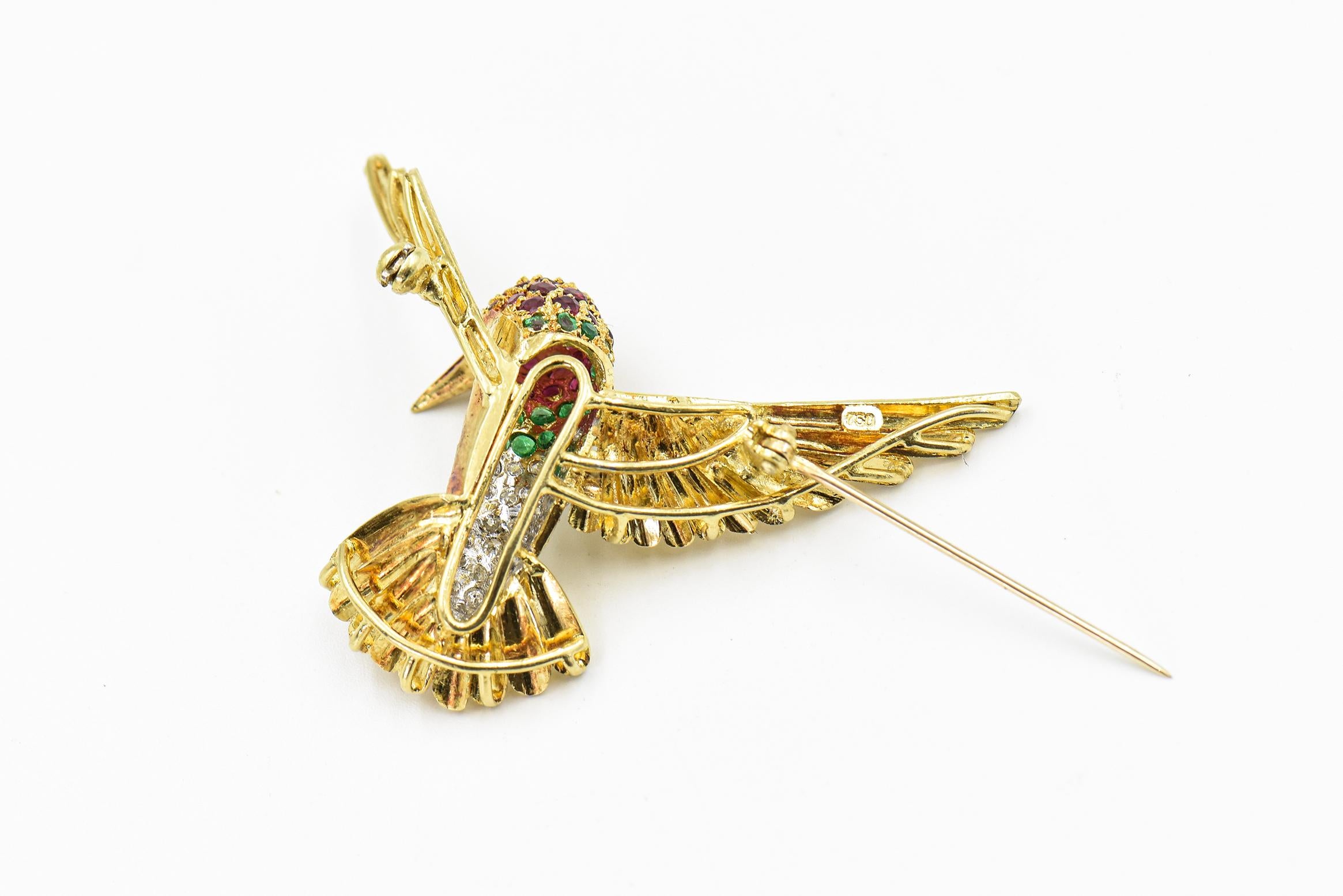 Jeweled Hummingbird Bird Brooch Yellow Gold with Diamonds Rubies and Emeralds In Excellent Condition In Miami Beach, FL