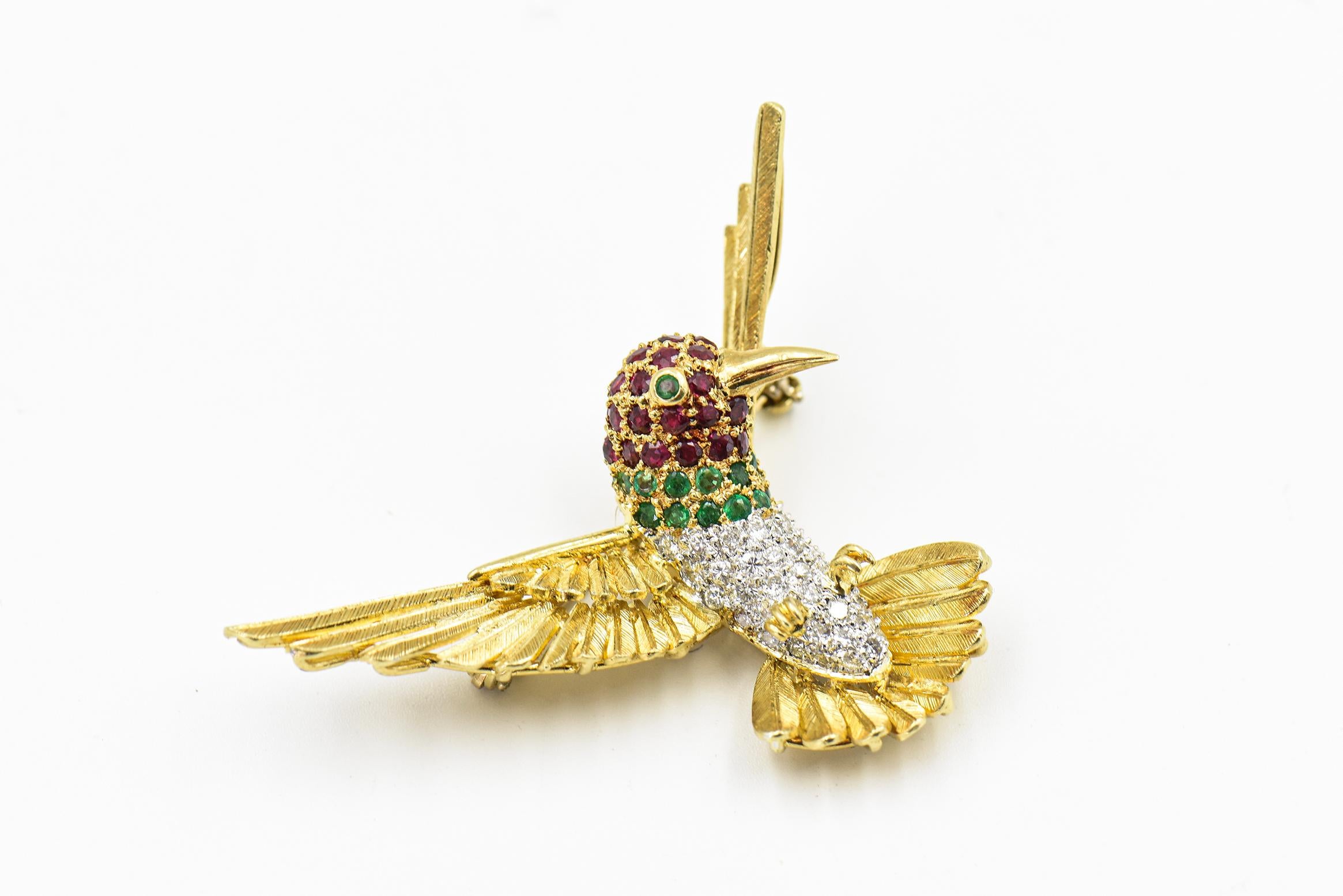Women's or Men's Jeweled Hummingbird Bird Brooch Yellow Gold with Diamonds Rubies and Emeralds