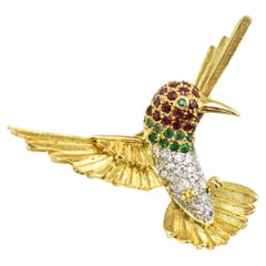 Jeweled Hummingbird Bird Brooch Yellow Gold with Diamonds Rubies and Emeralds