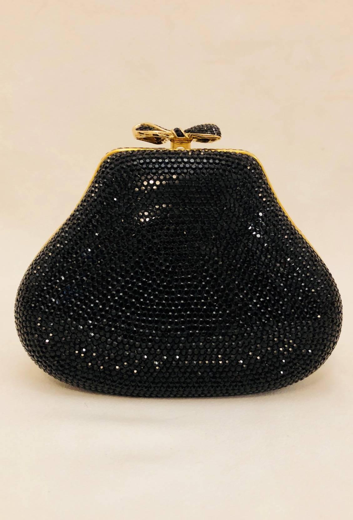 Jeweled Judith Leiber Black Swarovski Crystal Minaudiere with Gold Tone Hardware In Excellent Condition In Palm Beach, FL